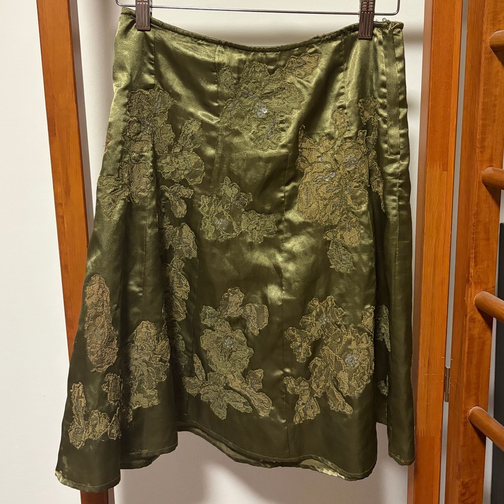 le chateau Olive Green Satin A-Line Skirt with Floral Appliqué